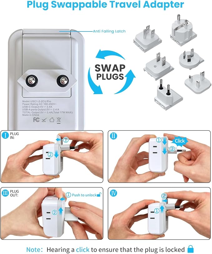 VINTAR Universal Travel Adapter Kit, International Power Adapter with 4 AC & 3 USB Ports(2 USB C), Type A,B,C,E/F,G,I, Swap Adapt Attachments, Travel Adapter Worldwide for Europe/UK/Aus/Japan/Africa