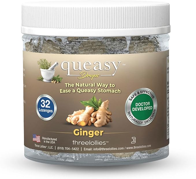 Three Lollies Queasy Drops - Ginger Flavor - Relief from Nausea & Travel Sickness, Soothes a Dry Mouth & Settles Stomach - Natural Ingredients - 32 ct