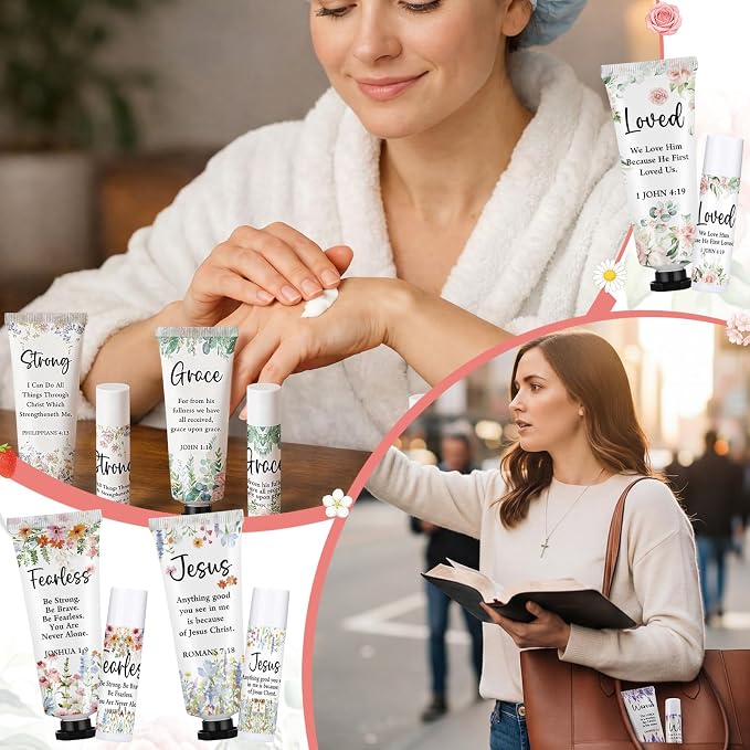 Loopeer 24 Sets Bulk Christian Hand Cream and Lip Balm Set for Women Religious Travel Size Moisturizing Lip Care Mini Religious Gifts for Women Coworker Appreciation Gift