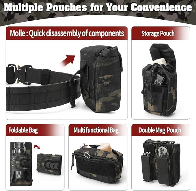 BOMTURN Battle Belt Tactical Belt with Accessories: Duty Belts Law Enforcement Combat Airsoft Police Belt with Pouches 7pcs