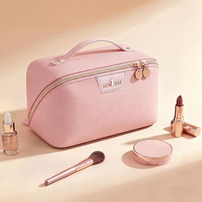 Travel Makeup Bag for Women: 3-in-1 Large Capacity Cosmetics Organizer with 2 Detachable Pouch - Vegan Leather Flat Open Toiletry Bag - Portable Travel Essentials for Full-Sized Bottles(Pink)