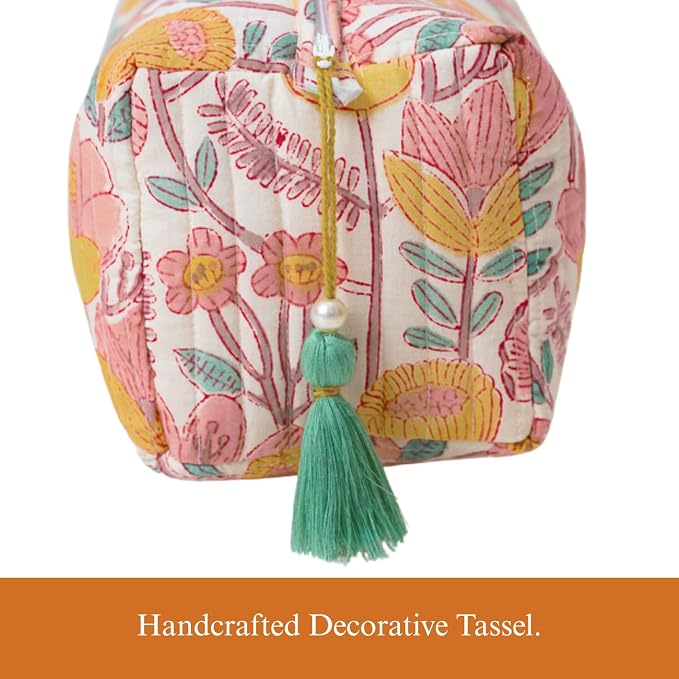 Saffron Marigold Quilted Makeup Bag Set of 3, Hand Block Printed Cotton Cosmetic Bags for Women, Waterproof Lined Travel Toiletry Bag, Coquette Floral Aesthetic, Handmade Gift, Sunspell Garden