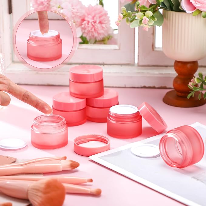Domensi 60 Pcs 1oz Glass Jars with Lids Bulk Small Glass Salve Tins Cream Container Cosmetic Jars for Travel Balm with Inner Liners for Sample Cream (Pink,Pink Lids,Plastic Lid)