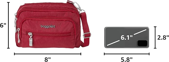 Baggallini Triple Zip Small Crossbody Bag for Women - Lightweight Convertible Fanny Pack Belt Bag
