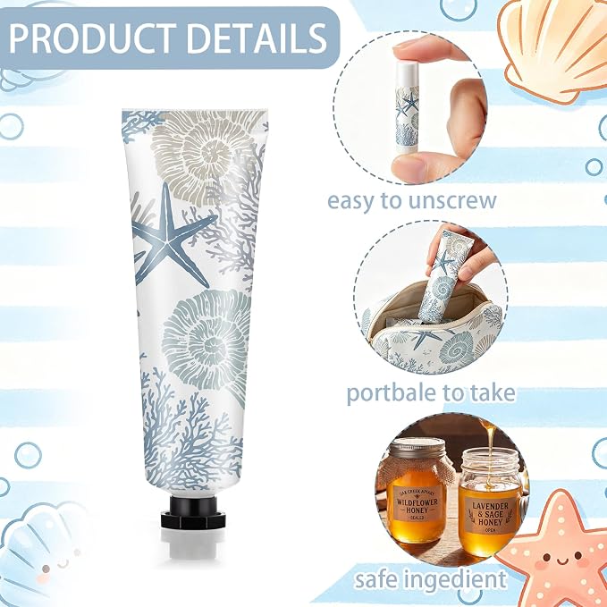 Loopeer 50 Set / 200 Pcs Coastal Baby Shower Favor Bulk Hand Cream Party Favors Beach Ocean Seashell Themed Hand Cream Lip Balm with Thank You Cards Organza Bags Appreciation Gifts for Summer Supplies