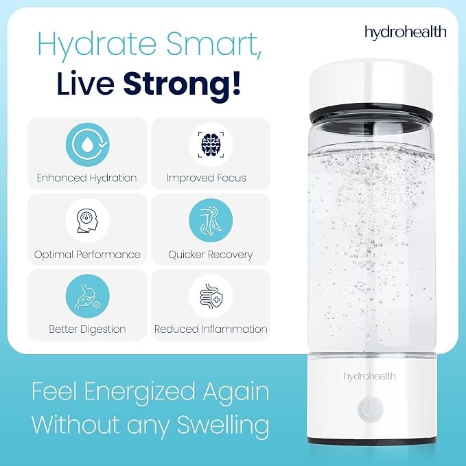 Hydrohealth Hydrogen Water Bottle for Kidney, Liver, Heart & Gut Health | 1600PPB with Advanced SPE/PEM Technology Filter | Rechargeable & Portable | Increase Energy, Strength & Metabolism - Pack of 1