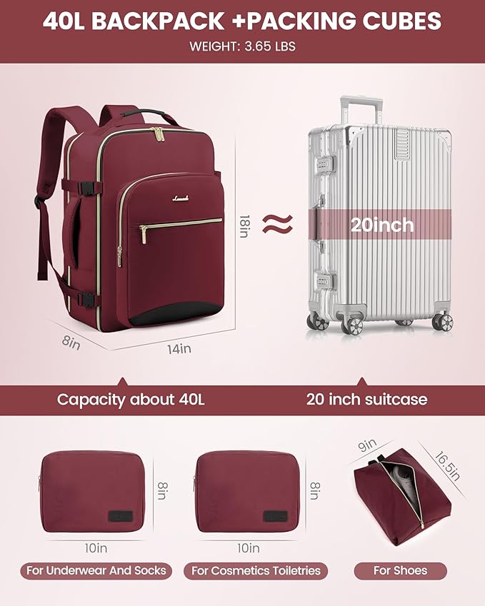 LOVEVOOK 40L Travel Backpack Flight Approved Carry on Backpack,3 Packing Cubes,Waterproof Personal Item Travel Bag,TSA Carry on Luggage Suitcase Travel Essentials,Gifts for Women & Men,fits 17" Laptop