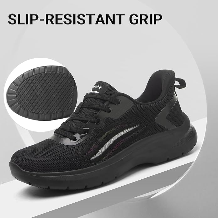 Treesky Black Non Slip Work Shoes for Women, Restaurant & Kitchen Sneakers | Slip resistant soles, lightweight cushioning, breathable knit, removable insole, for nursing, food service & long shifts