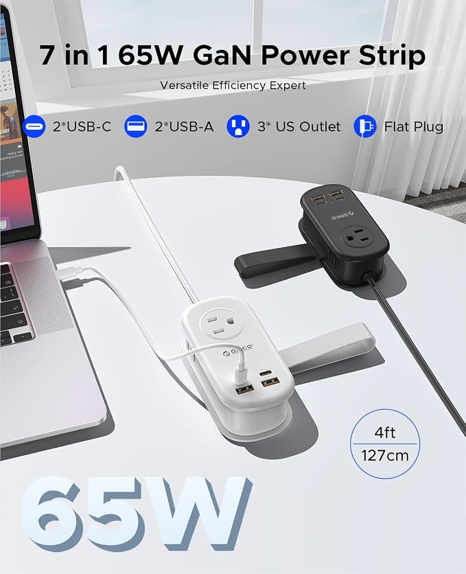 ORICO Travel Power Strip, 65W GaN Charging Station with 3 Outlets & 4 USB Ports (2 USB C), 4FT Flat Plug Extension Cord with Wraparound Design, Compact USB C Charger for Cruise Home Office Dorm Laptop
