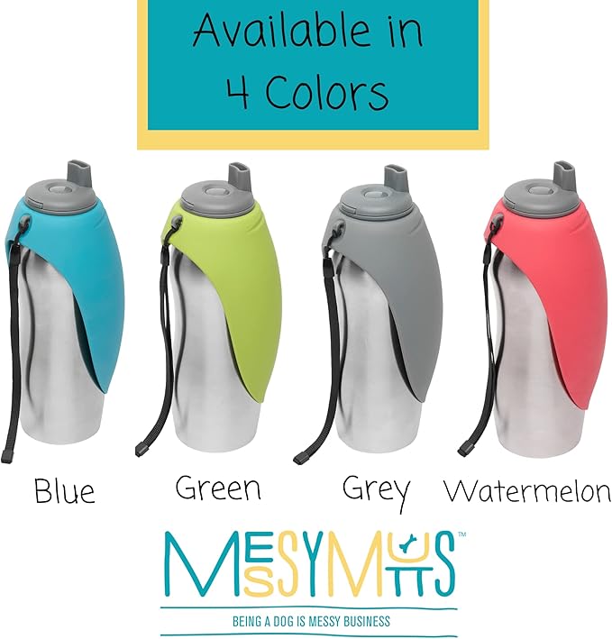 Messy Mutts Stainless Steel Travel Water Bottle with Silicone Flip Up Bowl | Pet Travel Necessity | Camping, Hiking, Walking Accessory | 24 oz / 700mL | Blue