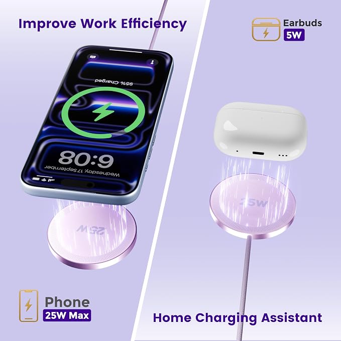25W Magnetic Wireless Charger: Fast Charging Pad for iPhone 17 16 15 14 13 12 Pro Max, Samsung Galaxy S26 S25, Google Pixel 10, AirPods-Slim Portable for Travel Bedside Office-Light Violet 2 Pack