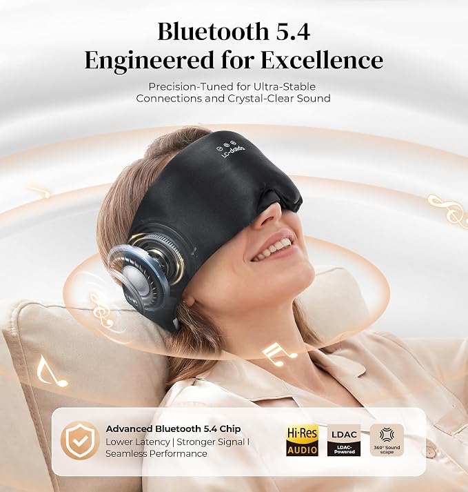 LC-dolida 3D Silk Bluetooth Sleep Mask, Mulberry Silk Sleep Mask with Bluetooth Headphones, Bluetooth Eye Sleep Mask for Side Sleepers, Total Blackout Bluetooth Eye Mask for Women Men, Black