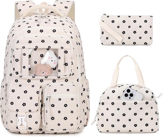 PIG PIG GIRL Corduroy Backpack 3PCS Kids Backpack for Girls School Bags for Middle School Students Book Bag for Elementary Primary Kawaii Ita Backpack with Lunch Box Pencil Case Set, Flower