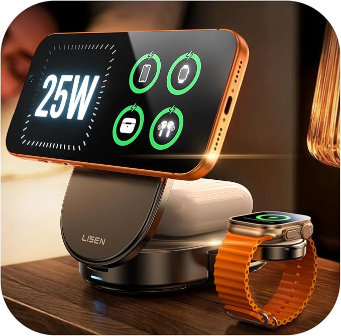 LISEN [Ultra-Fast 25W] 3-in-1 Charging Station for Apple, Qi2.2 25W Foldable Wireless MagSafe Charger Stand for iPhone 17/16/15/14/13 Pro Max, Apple Watch&AirPods, Travel Portable with 45W Adapter | [3 in 1 Qi2.2 25W Fast Charging] Wireless Charger iPh...