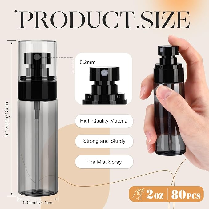 80 Pack Fine Mist Spray Bottle Bulk, 2oz Small Clear Plastic Leak Proof Fine Mist Mini Spray Bottles Refillable Empty Travel Mister Sprayer Bottle for Hair, Cleaning, Essential Oils(Black)