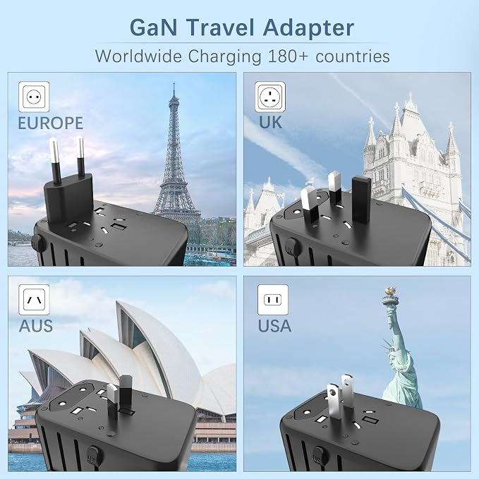 120W International Travel Adapter, 4USB-C & 1USB-A Worldwide Power Adapter, GaN Fast Charger with UK EU AU US Plugs, All-in-One International Converter for Tablets Phones