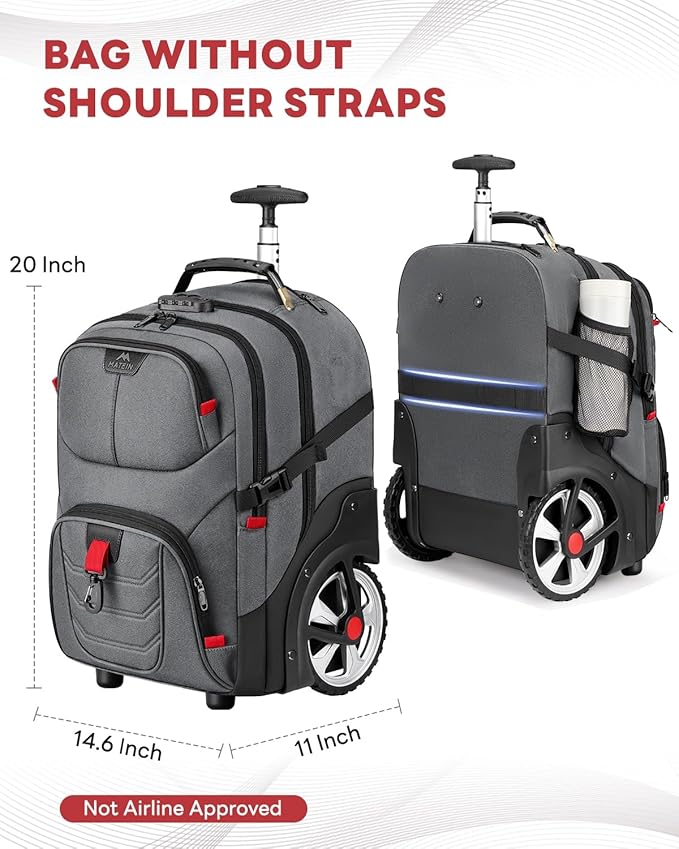 MATEIN Rolling Laptop Bag with Larger Wheels, 17 Inch Spacious Roller Back Packs with Anti Theft Lock for Adults Men, Heavy Duty Rolling Large Carry On Luggage for Office Work Travel, Grey