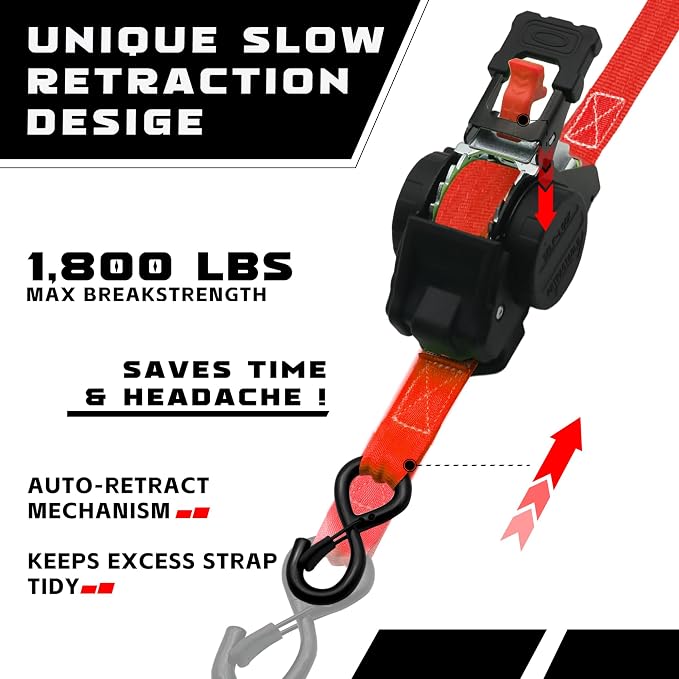 Retractable Ratchet Straps 1" x 13Ft, Heavy Duty Self Retracting Tie Down Straps, 1800lb Break Strength Auto Retract Cargo Straps for Truck, Trailer, Motorcycle, ATV, UTV, (Red, 2 Pack)