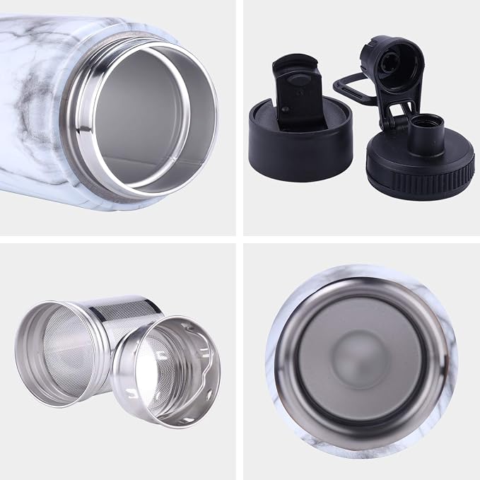 Tea Infuser Bottle With Removable Loose Leaf 18/8 Stainless Steel Insulated Travel Tea Strainer Tumbler tea drinkers gifts for women(White Marble)