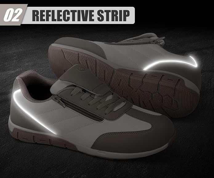 LARNMERN Steel Toe Shoes Men Zipper Safety Work Sneakers | wear-resistant leather, rubber outsole, easy slip on, lightweight and comfortable, reflective, protects shoelaces