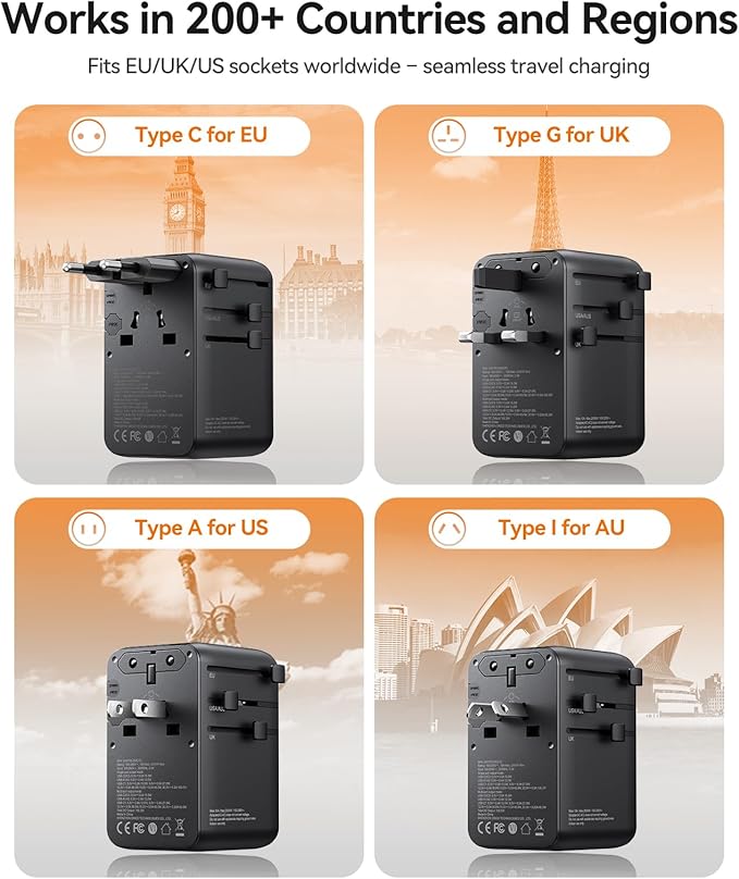 ORICO 100W Universal Travel Adapter with 2 AC Outlets and 3 USB-C and 2 USB-A Ports, Built-in Retractable USB-C Cable, Type A, C, G, I Outlets, International Travel Adapter for Global Travel