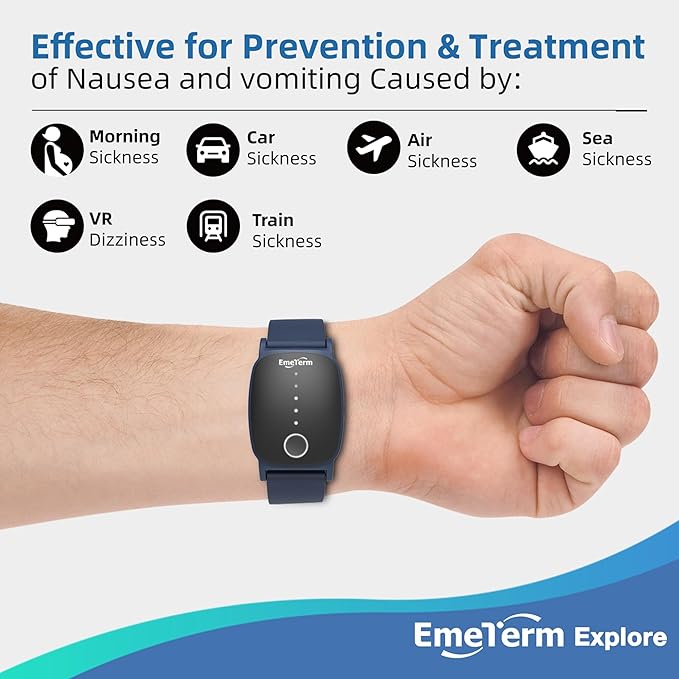 EmeTerm Explore FDA-Cleared Anti-Nausea Wristband IP67 Waterproof Morning Motion Travel Sickness Relief Classic Strap Design (Navy Blue-Extra 2pack Conductive Gel)