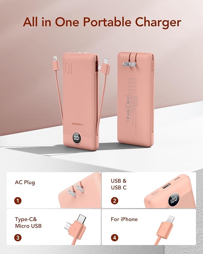 VEGER Portable Charger Power Bank with Built-in AC Plug and Cables, All in One 10000mAh Ultra Slim Travel Essentials, Fast Charging Battery Pack Compatible with iPhone, Samsung, More, Dark Pink