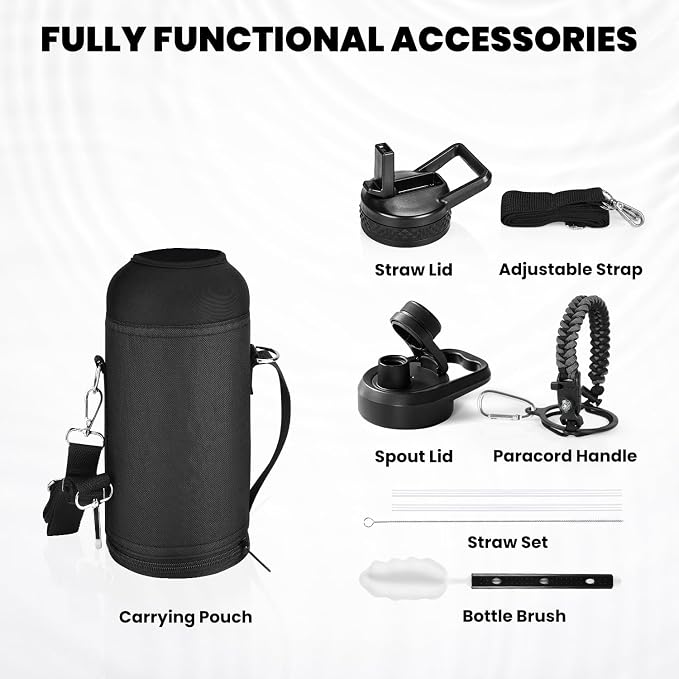 RAYMYLO Insulated Water Bottle 32 oz, Triple Wall Vacuum Stainless Steel (Cold for 24Hrs, Hot for 12Hrs), Leak Proof & Non-BPA, Modern Water Flask Jug with Paracord Handle & Straw Spout Lids
