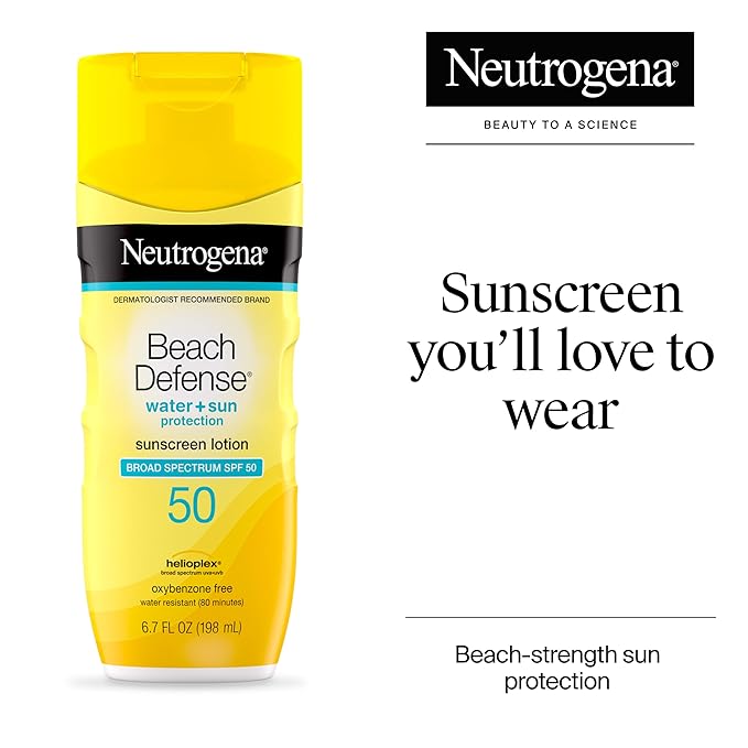 Neutrogena Sunscreen Lotion Beach Defense SPF 50, Face and Body Sunscreen, Hawaii Reef Act 104 Compliant, Octinoxate & Oxybenzone Free, Oil Free, Fast Absorbing Sun Care, 6.7 fl oz (Pack of 2)