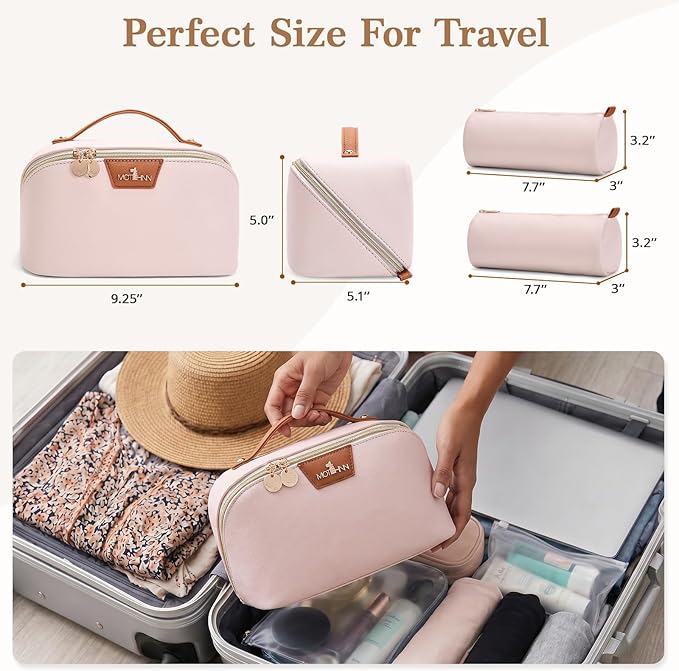Travel Makeup Bag for Women: 3-in-1 Large Capacity Cosmetics Organizer with 2 Detachable Pouch - Vegan Leather Flat Open Toiletry Bag - Travel Essentials for Full-Sized Bottles(White)