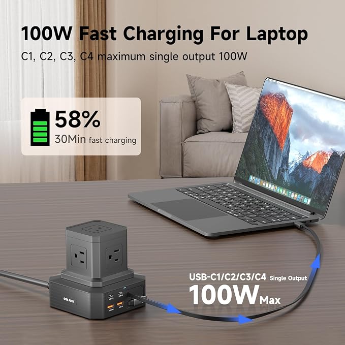 Charging Station (100W), 11-in-1 USB C Power Strip with Surge Protection, 6.6Ft Extension Cord, 4 USB C and 2 USB A Ports, 5 AC Outlets for Home Office Dorm Room