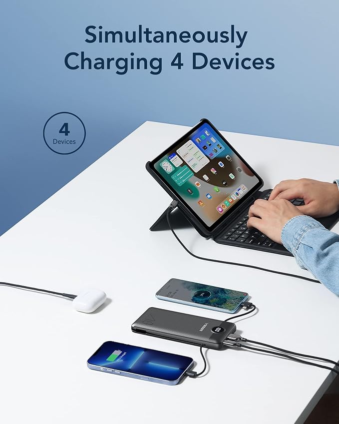 VEGER Portable Charger Power Bank with Built-in AC Plug and Cables, All in One 10000mAh Ultra Slim Travel Essentials, Fast Charging Battery Pack Compatible with iPhone, Samsung, Android, Black