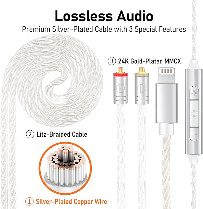 Vibes 202ML Wired Earbuds - HiFi in Ear Headphones for iPhone 5–14, Noise Isolating Ear Buds w/ Mic - Clear Sound, Deep Bass, Comfort-Fit Earphones - MMCX–LTN, Silver Plated Cord, Carrying Case
