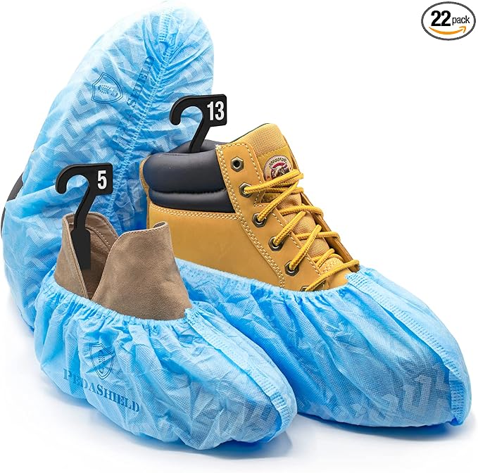22 Premium XL Booties -Thick Extra Large Disposable Boot & Shoe Covers, Non Slip Water Resistant Foot Protectors, Construction Durable 42GSM for Indoors Outdoors, Up to US Men 13, Women 15