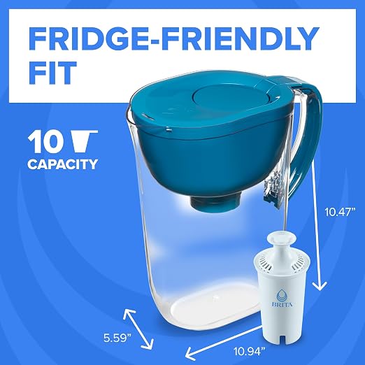 Brita Large 10-Cup Water Filter Pitcher with SmartLight Indicator, WQA NSF/ANSI Certified, Removes Chlorine Taste & Odor, Reduces Zinc, Copper & Mercury, 1 Standard Filter, Lasts 2 Months, Teal