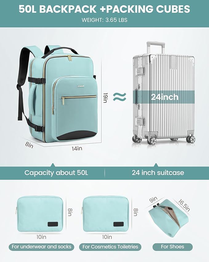 LOVEVOOK 50L Travel Backpack Flight Approved Carry on Backpack,3 Packing Cubes,Waterproof Personal Item Travel Bag,TSA Carry on Luggage Suitcase Travel Essentials,Gifts for Women & Men,fits 18" Laptop
