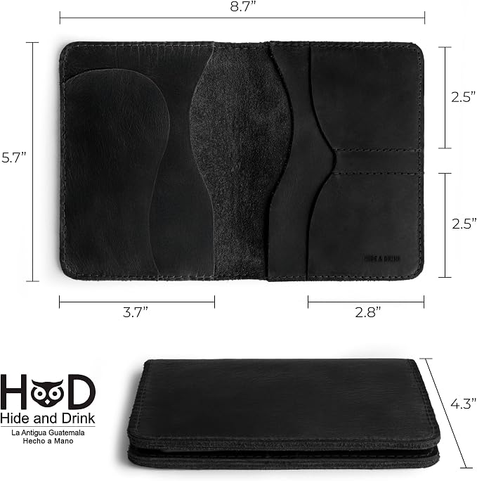 Hide & Drink, Double Passport Cover with Slots for Bills and Keys, Rustic Case, ID Organizer, Full Grain Leather, Handmade Accessories, Charcoal Black