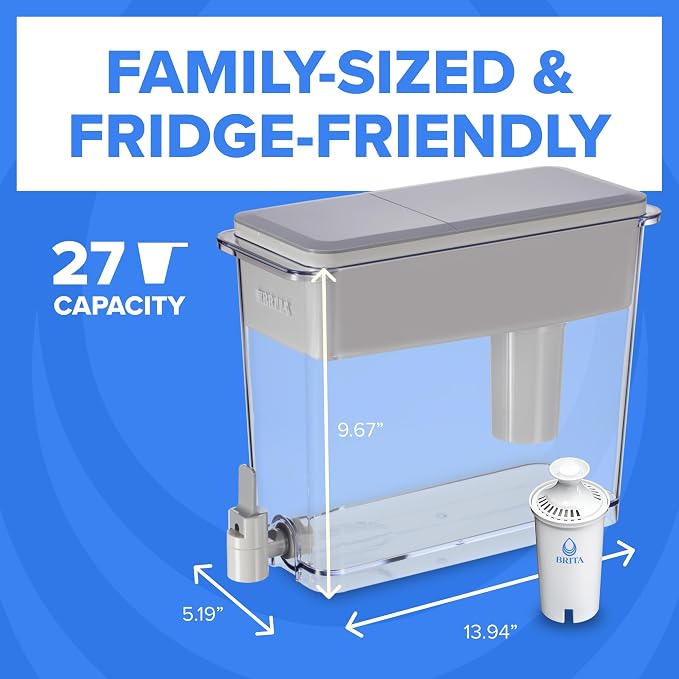 Brita Extra-Large 27-Cup Water Filter Dispenser with Standard Filter, WQA NSF/ANSI Certified, Removes Chlorine Taste & Odor, Reduces Zinc Copper & Mercury, BPA-Free, 1 Filter Included, Lasts 2 Months