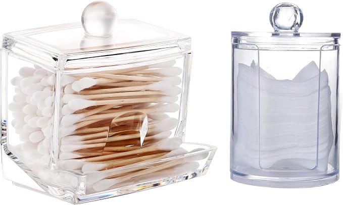 Makeup Removal Cotton Pad Holder with Lid, Multipurpose Bathroom Cotton Swabs Storage Box Cosmetic and Makeup Organizer, Clear, Standard, Combo(Round + Square)