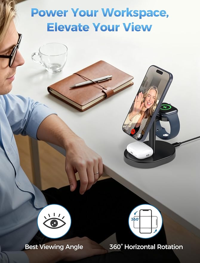 Hevanto 2026 3 in 1 Wireless Charging Station for Apple MagSafe Charger, 15W Fast Magnetic Mag-Safe Charger Stand for iPhone 17 16 15 14 13 12 Watch AirPods (Adaptor Not Included), 2 Pack Black&White