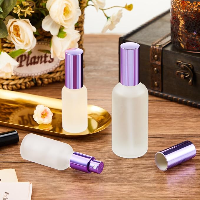 Roshtia 30 Pcs Glass Spray Bottle Clear Empty Bottles Small Refillable Reusable Perfume Bottle with Fine Mist Sprayer Pump for Face Body Travel(3.4 oz,Purple)
