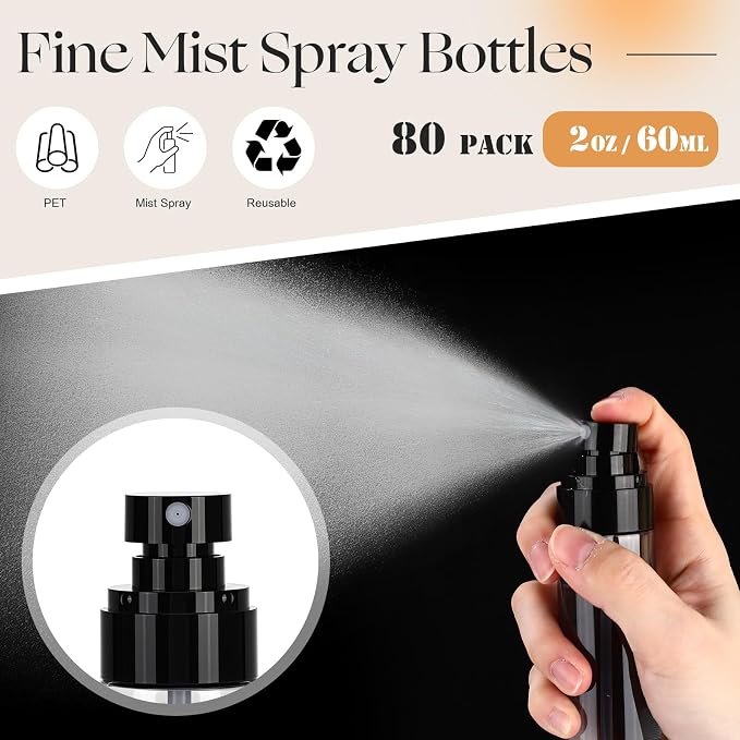 80 Pack Fine Mist Spray Bottle Bulk, 2oz Small Clear Plastic Leak Proof Fine Mist Mini Spray Bottles Refillable Empty Travel Mister Sprayer Bottle for Hair, Cleaning, Essential Oils(Black)