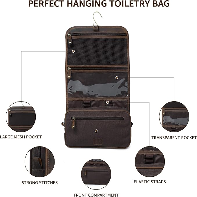 LEATHER VILLAGE Hanging Genuine Leather Toiletry Bag for Men & Women with Waterproof Lining – Handcrafted Vintage Travel Dopp Kit, Shaving Organizer & Shower Bathroom Essentials Case - Brown