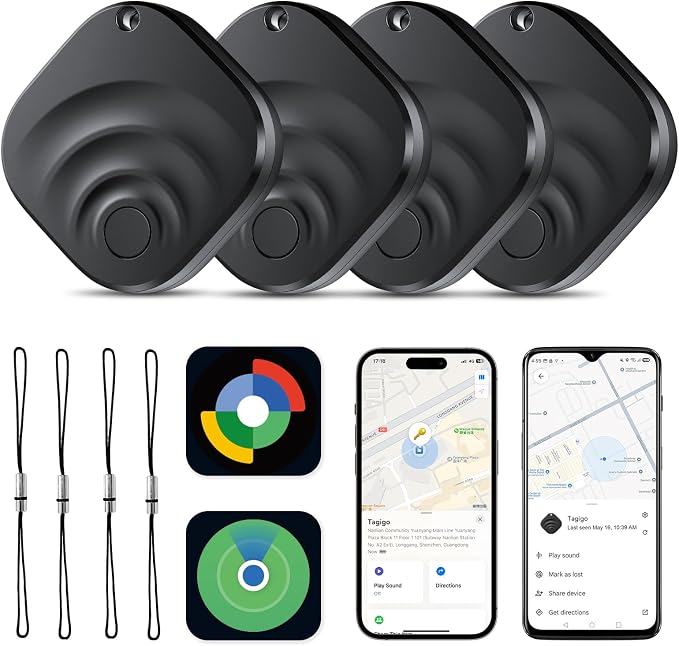 2026 Air Tracker Tags Item Locator for Android & iOS Bluetooth Tracker Smart Tags Compatible with Apple Find My (iOS) & Google's Find Hub(Android) for Keys, Luggage, Wallet, Vehicles (4 Pack Black)