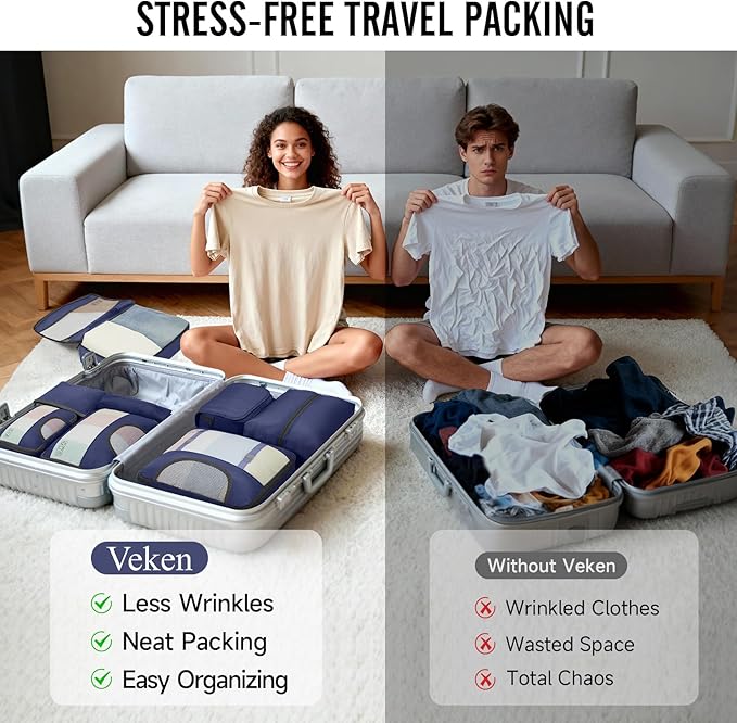 Veken 10 Set Packing Cubes for Travel Essentials, Suitcase Organizer Bags in 4 Sizes, Carry-On Luggage Accessories with Large Laundry Bag & Passport Holder, Must-Have for Airplane, Road Trip & Camping
