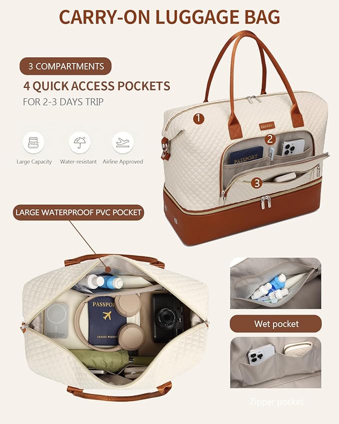 Large Weekender Bags for Women Travel, Under Seat Carry On Bags for Airplanes Overnight Bag with Shoe Compartment Luggage Sleeve, Foldie Travel Tote Bag Hospital Bag, Travel Gifts, Beige Brown