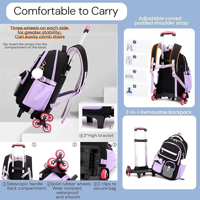 Rolling Backpack for Girls Kids Trolley Rolling School Bag Wheeled Backpack for Elementary School Roller Bookbags on 6 Wheels, Black Pink