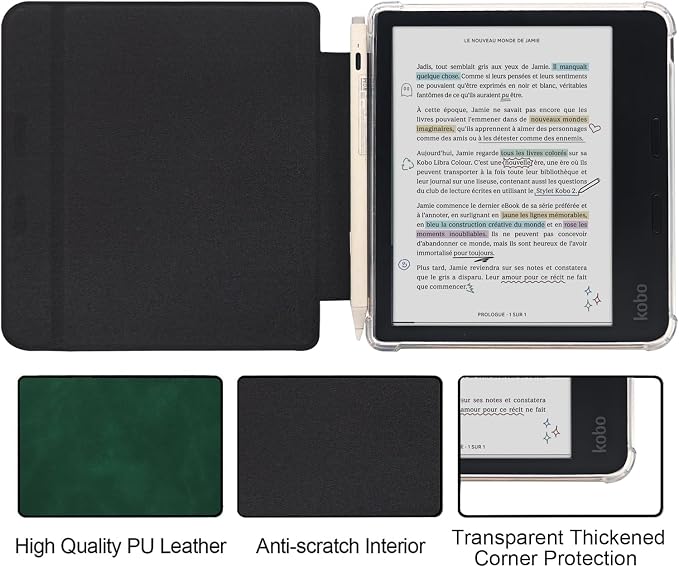 Folio Leather Case for 7" Kobo Libra Colour (2024) eReader - Ultra-Thin Enhanced Auto Sleep/Wake Cover with Transparent TPU Back, Magnetic Closure, Stylus Holder (Green)