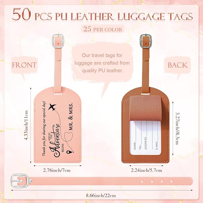 Dandat 50 Sets Luggage Tags Bulk Destination Wedding Favors for Guest Adventure Begins Favor with Thank You Cards and Organza Bags for Travel Wedding Bridal Shower Return Favors, Pink Brown
