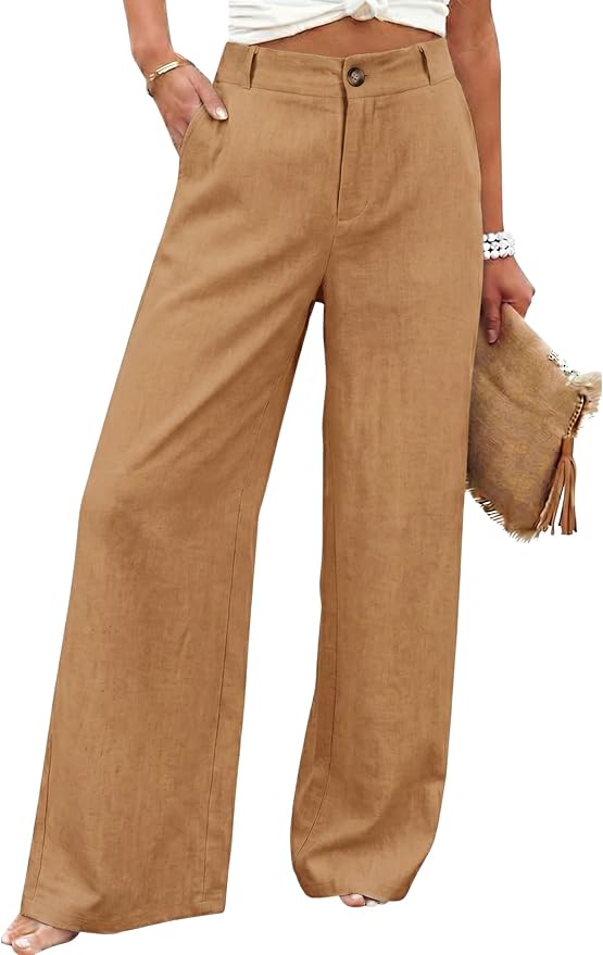 Hooever Womens Cotton Linen Pants Casual Button Up High Waisted Wide Leg Trousers